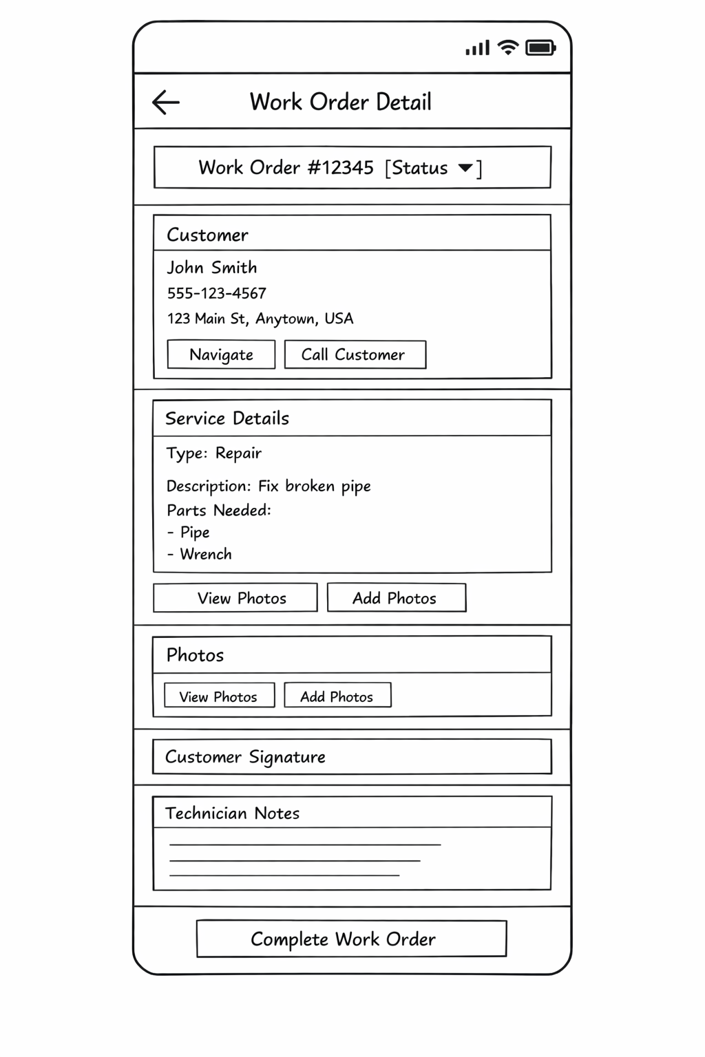 Work Order Detail Screen